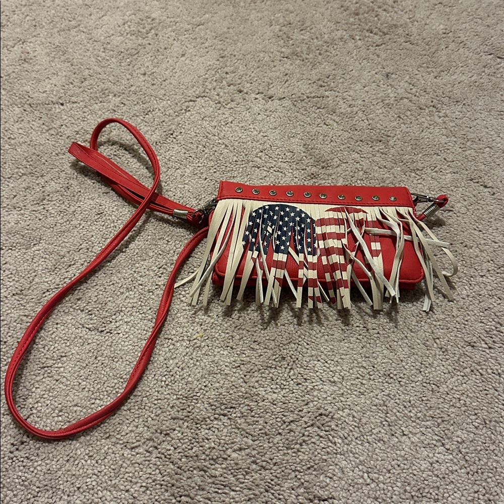 Red Fringe Crossbody Bag with Flag Design